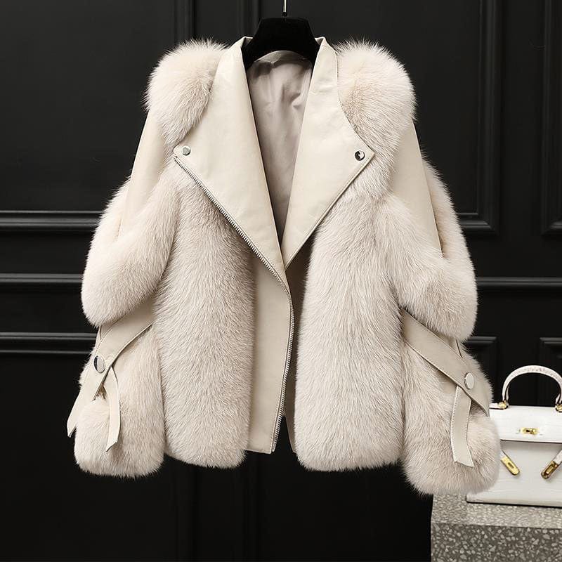 Veste Femme Col Fourrure Douce et Taille Cintrée