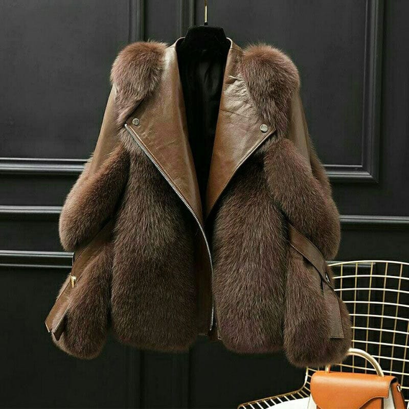 Veste Femme Col Fourrure Douce et Taille Cintrée