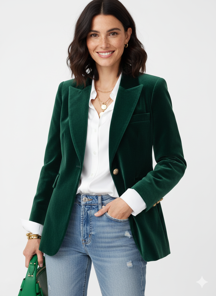 Blazer Femme Luxe Vert Émeraude avec Boutons Brillants - LuxeStyle