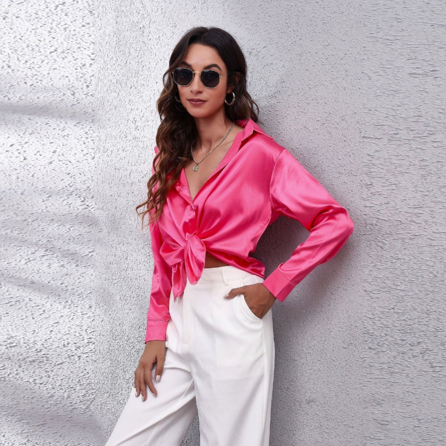 Chemisier Femme Manches Longues Col Boutonné Satin
