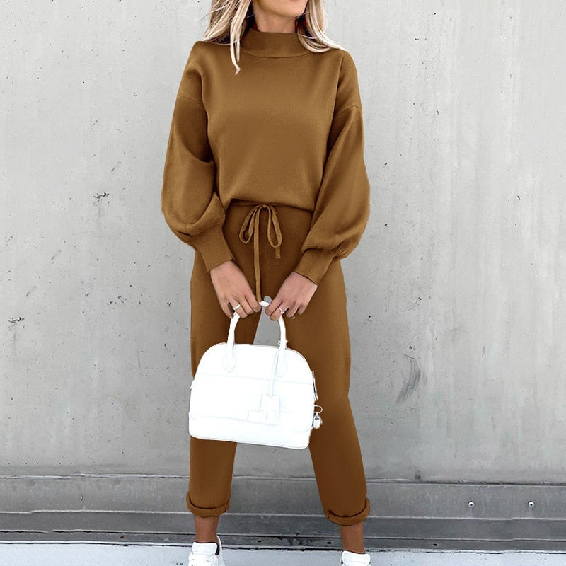 Ensemble Deux Pièces Femme Élégant avec Haut Manches Longues et Pantalon Taille Élastique