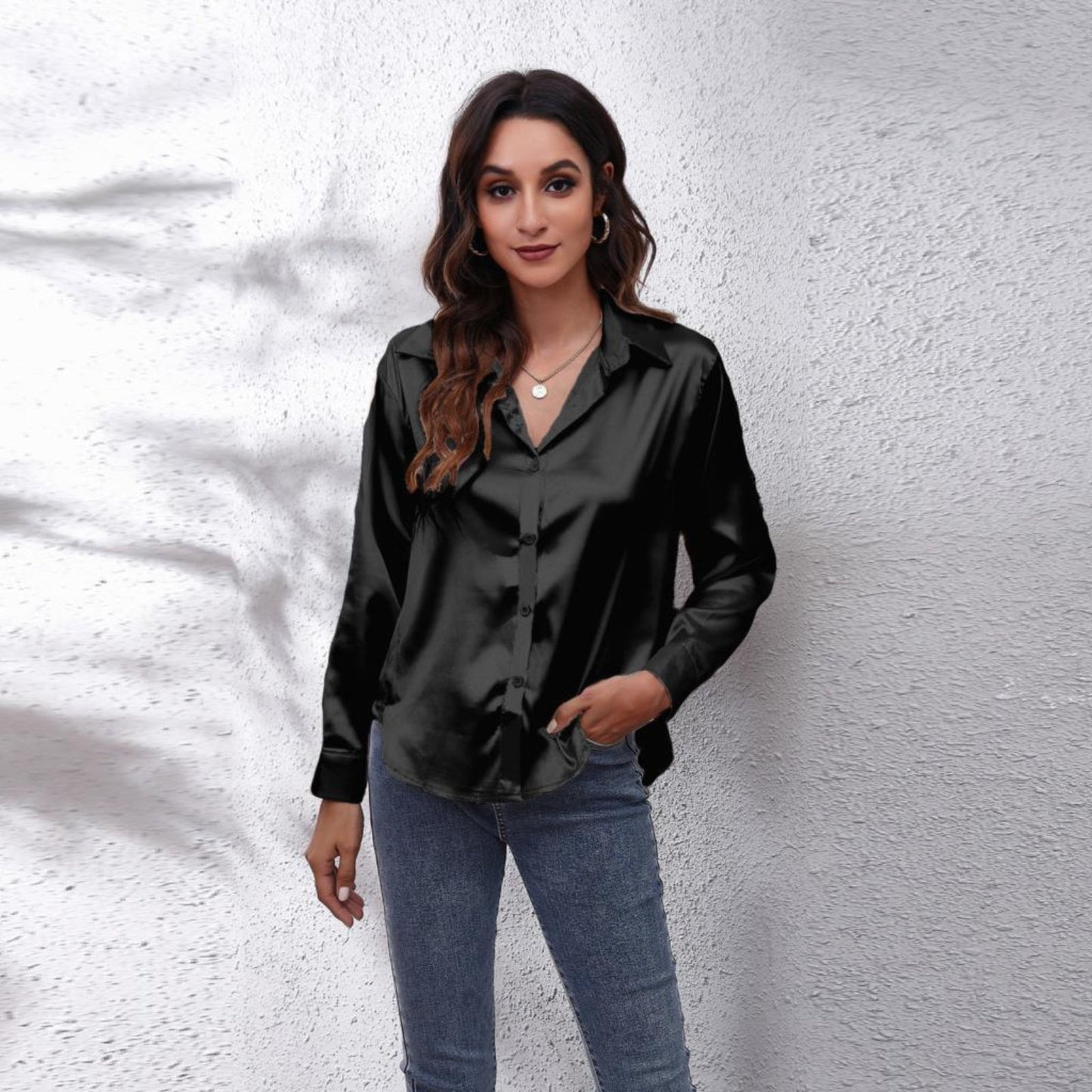 Chemisier Femme Manches Longues Col Boutonné Satin - LuxeStyle