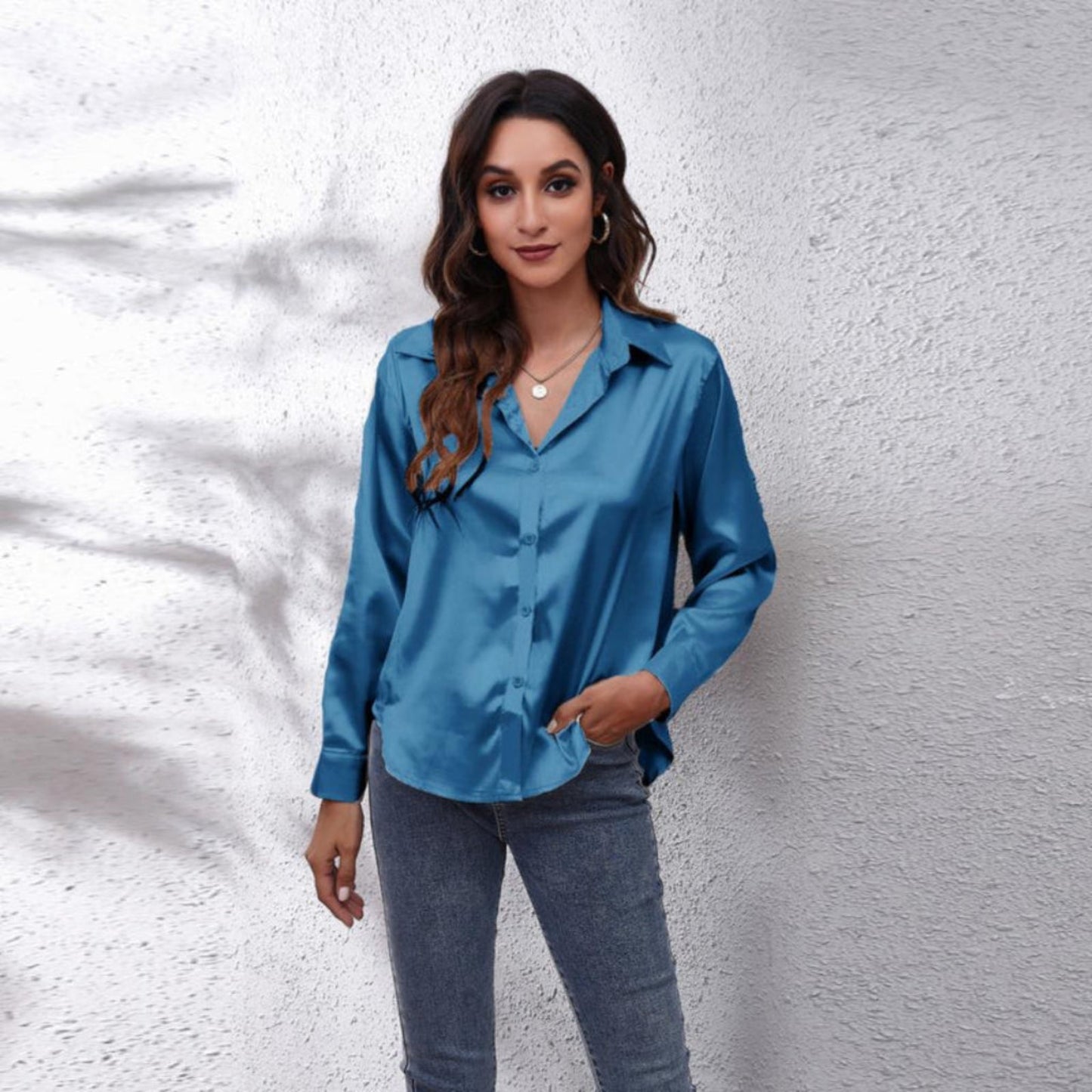 Chemisier Femme Manches Longues Col Boutonné Satin