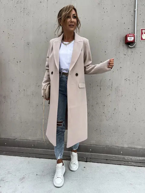 Manteau Femmes Beige Chic à Boutons Or - LuxeStyle