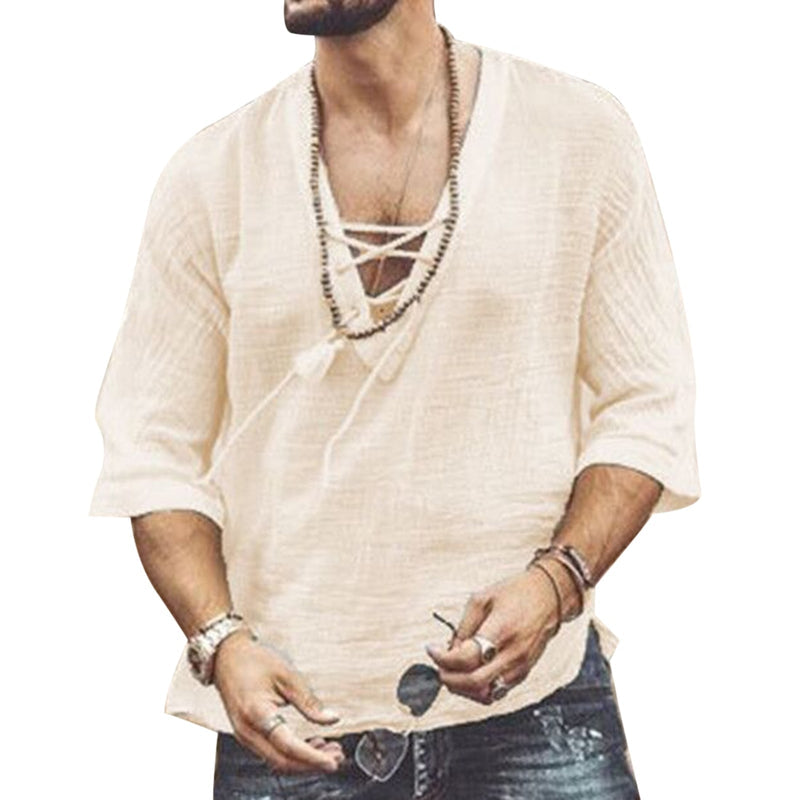 Chemise Relaxe Col V Manches Courtes Décoration Nouée - LuxeStyle