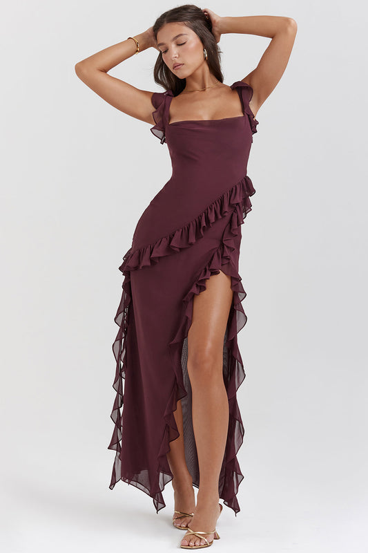 Robe Femme Élégante Longue - Robe Soirée en Chiffon avec Col Rond et Fente Arrière - LuxeStyle