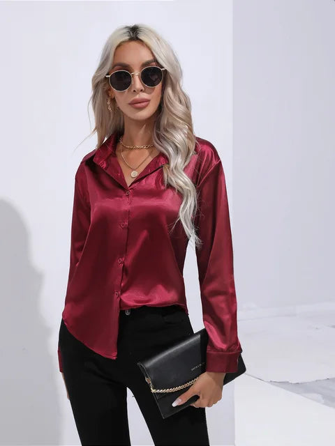 Blouse Femme Luxe en Satin – Chemisier Chic à Manches Longues Brillant