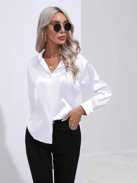 Blouse Femme Luxe en Satin – Chemisier Chic à Manches Longues Brillant