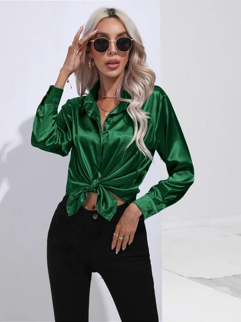 Blouse Femme Luxe en Satin – Chemisier Chic à Manches Longues Brillant
