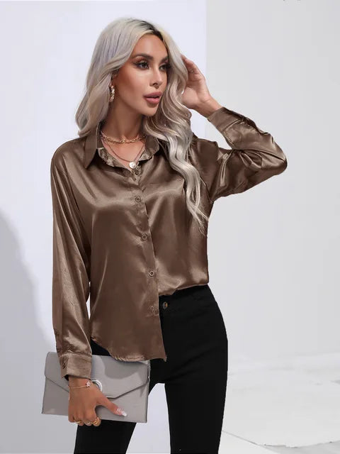 Blouse Femme Luxe en Satin – Chemisier Chic à Manches Longues Brillant