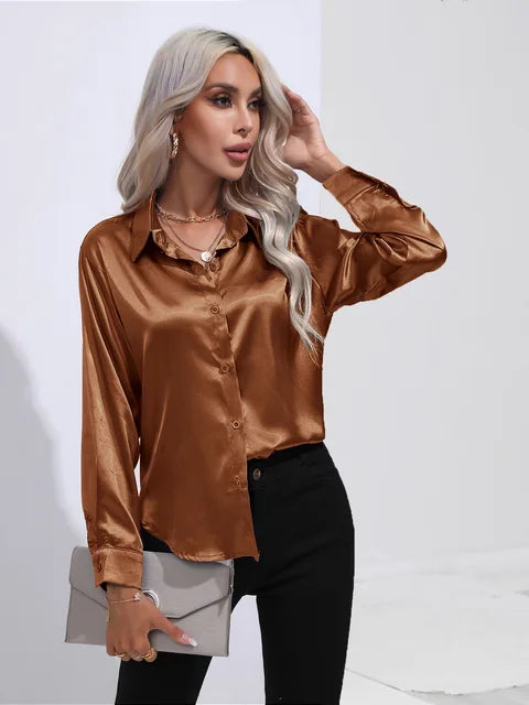 Blouse Femme Luxe en Satin – Chemisier Chic à Manches Longues Brillant