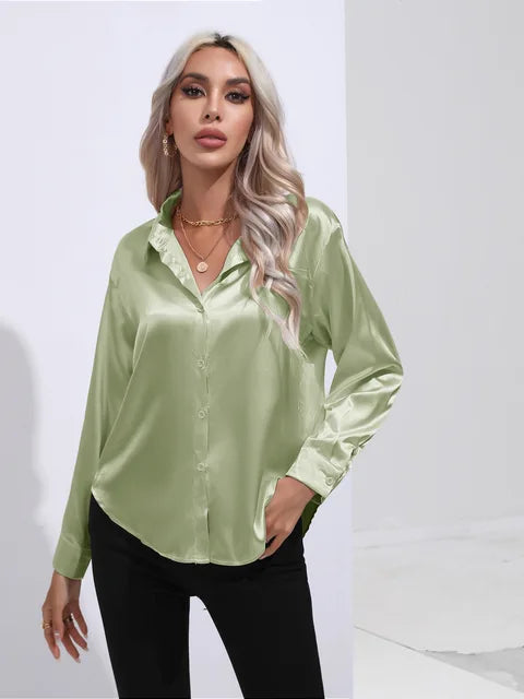 Blouse Femme Luxe en Satin – Chemisier Chic à Manches Longues Brillant