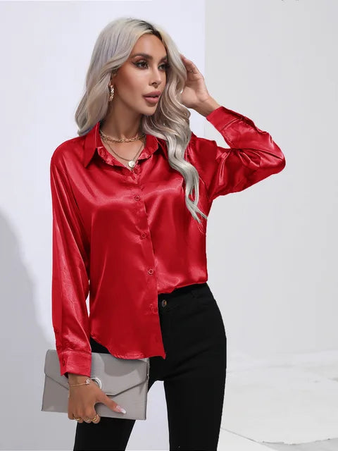Blouse Femme Luxe en Satin – Chemisier Chic à Manches Longues Brillant