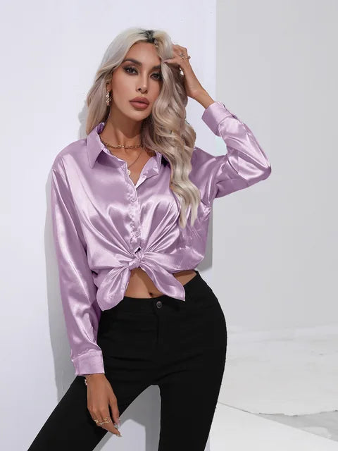 Blouse Femme Luxe en Satin – Chemisier Chic à Manches Longues Brillant