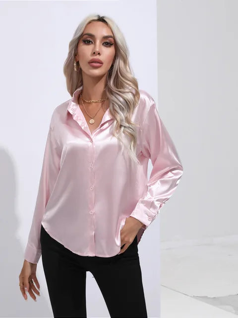 Blouse Femme Luxe en Satin – Chemisier Chic à Manches Longues Brillant