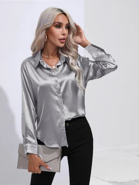Blouse Femme Luxe en Satin – Chemisier Chic à Manches Longues Brillant