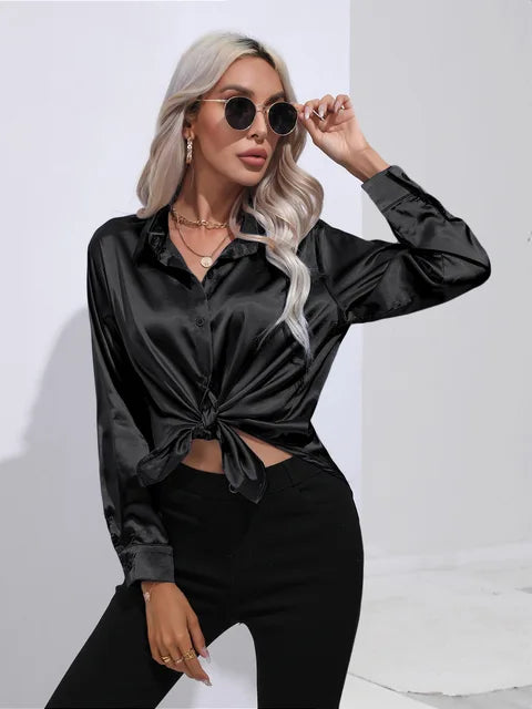Blouse Femme Luxe en Satin – Chemisier Chic à Manches Longues Brillant