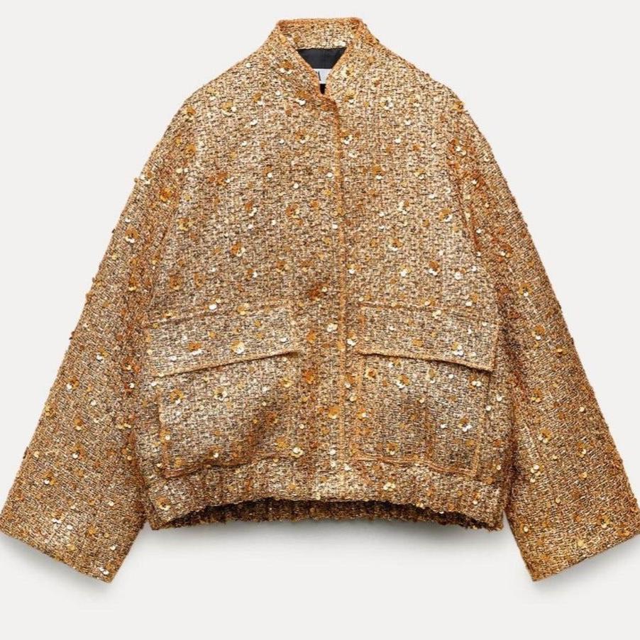 Blouson femme pailleté manches longues boutons décoratifs