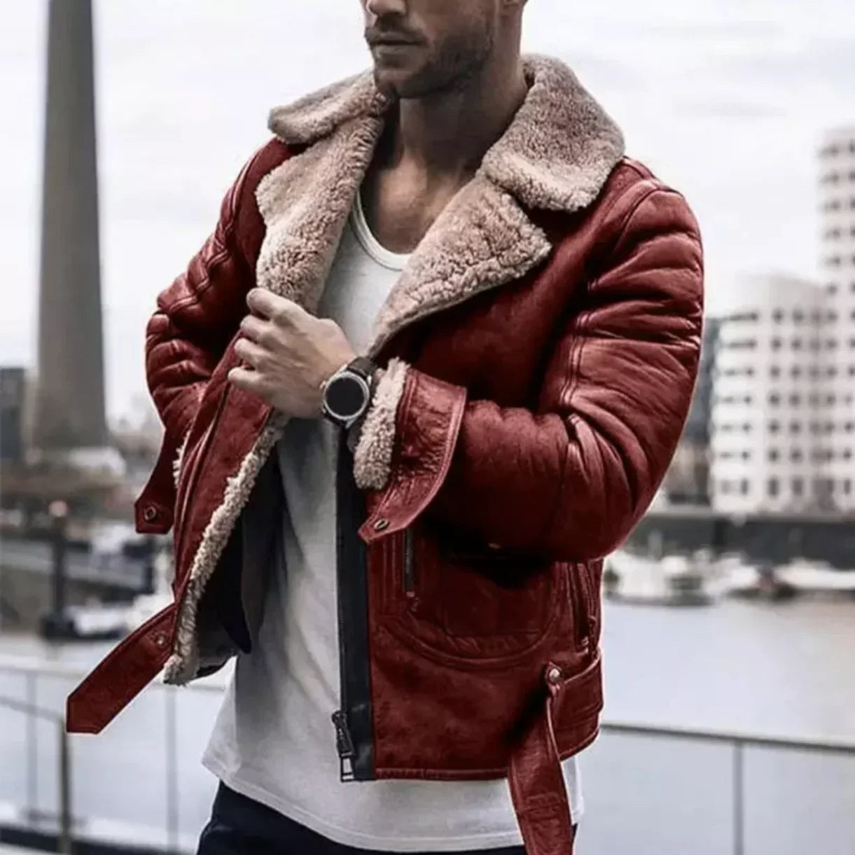 Blouson Cuir Rouge Élégant pour Homme - LuxeStyle