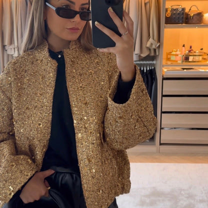 Blouson femme pailleté manches longues boutons décoratifs - LuxeStyle