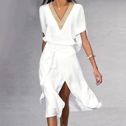 Robe Femme Élégante Blanche Col en V