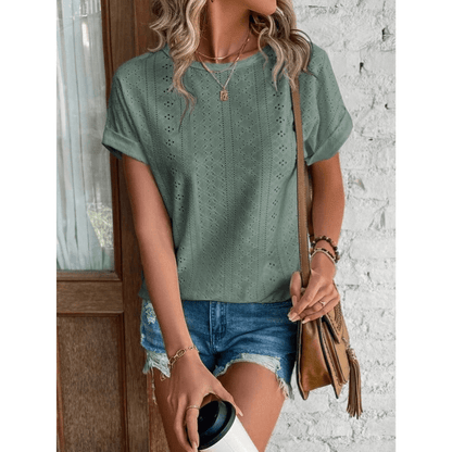 Blouse Élégante Brodée Femmes - Tissu Aéré, Manches Courtes et Style Effortless Chic