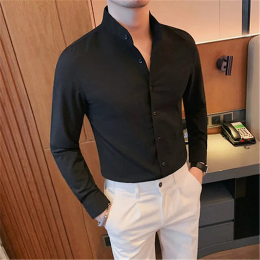 Chemise Classique Col Montant à Manches Longues - LuxeStyle
