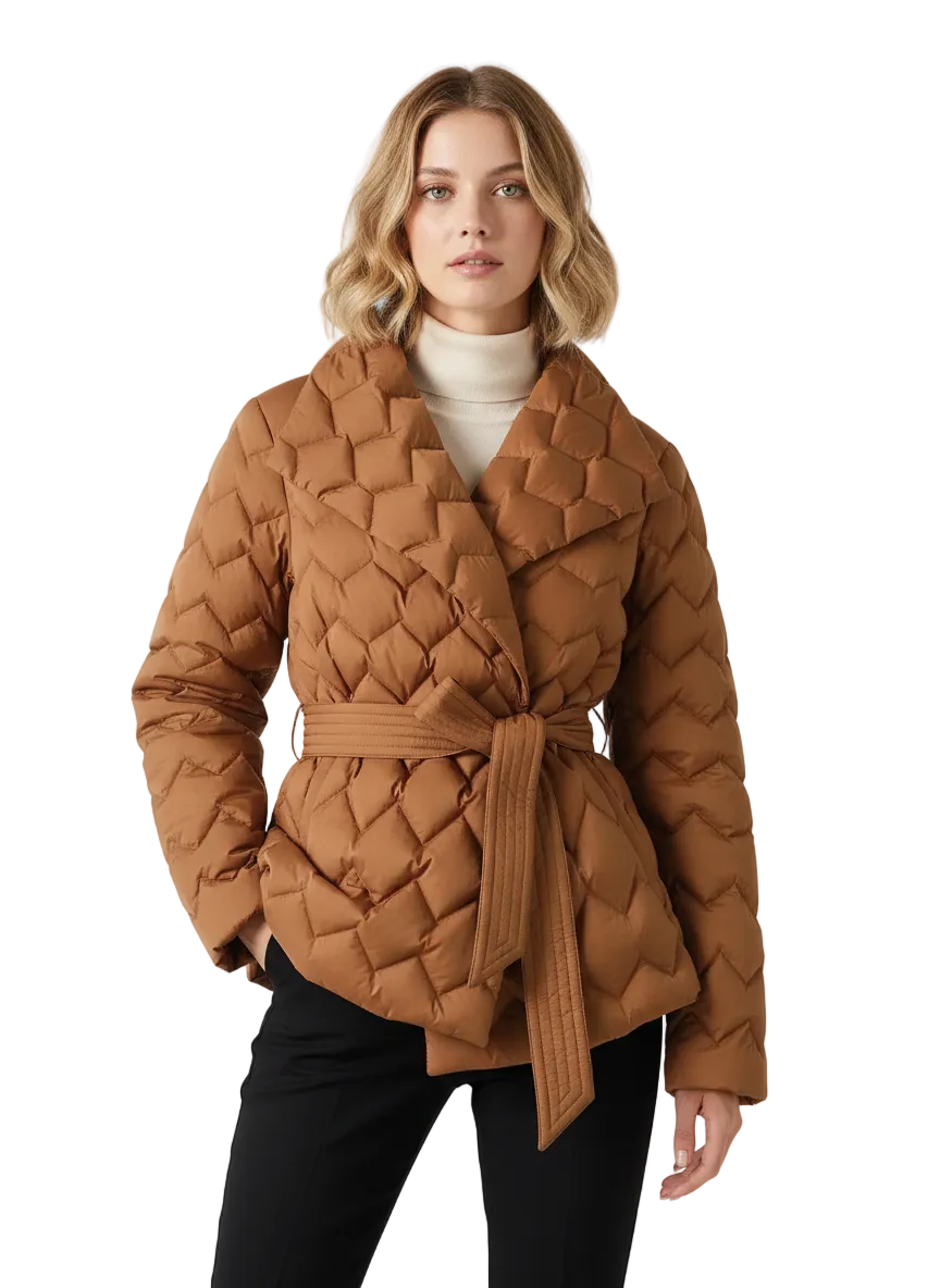Veste Femme Hiver Courte Élégante - Doudoune Mode avec Ceinture & Décoration 3D - LuxeStyle
