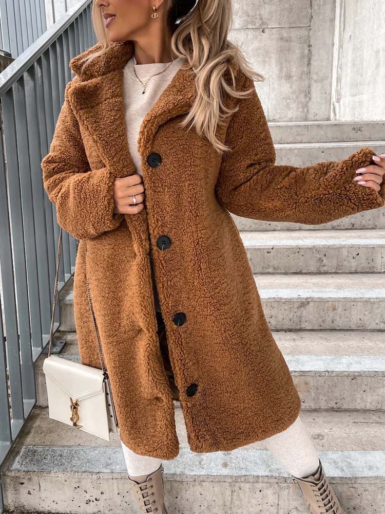 Manteau Femme Douillet – Modèle Long Élégant en Peluche avec Poches