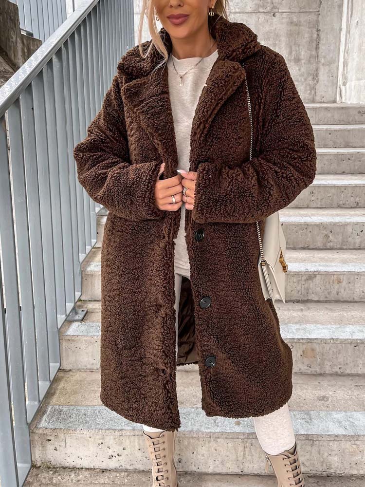 Manteau Femme Douillet – Modèle Long Élégant en Peluche avec Poches