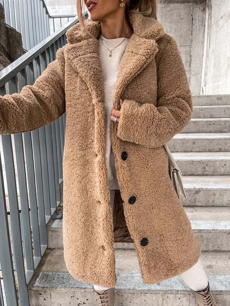 Manteau Femme Douillet – Modèle Long Élégant en Peluche avec Poches