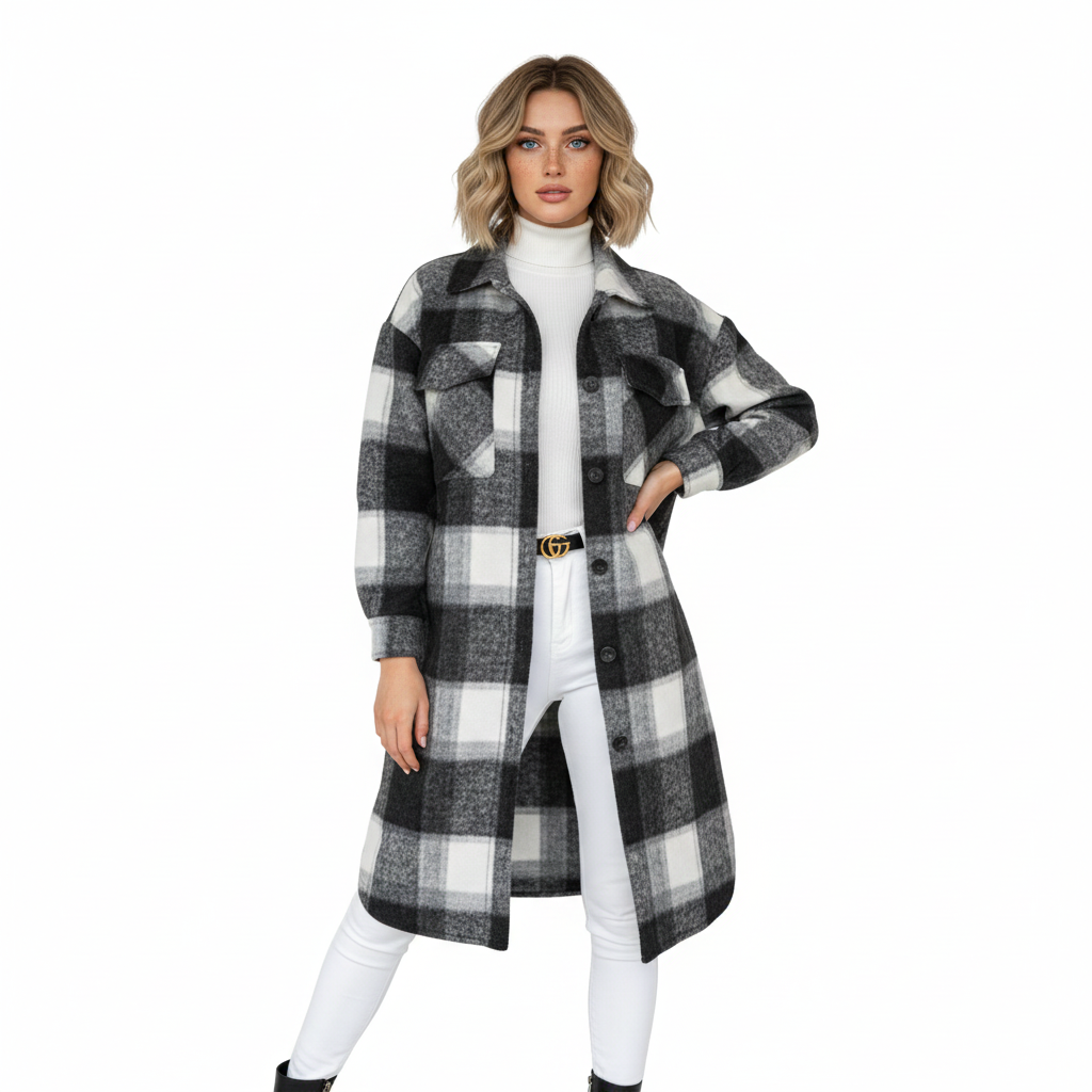 Manteau Femme Hiver Carreaux - Veste Longue Élégante en Laine Douce Oversize - LuxeStyle