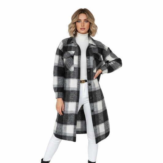 Manteau Femme Hiver Carreaux - Veste Longue Élégante en Laine Douce Oversize - LuxeStyle