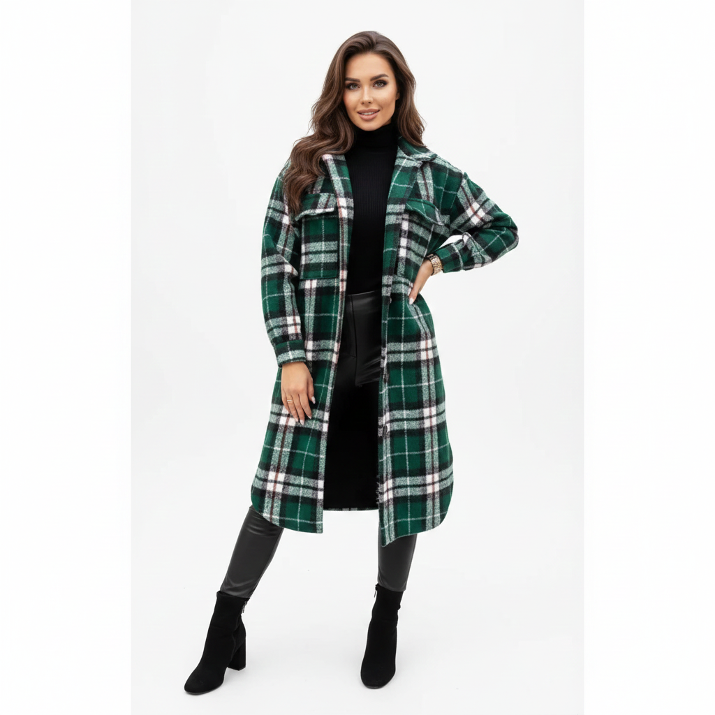 Manteau Femme Hiver Carreaux - Veste Longue Élégante en Laine Douce Oversize