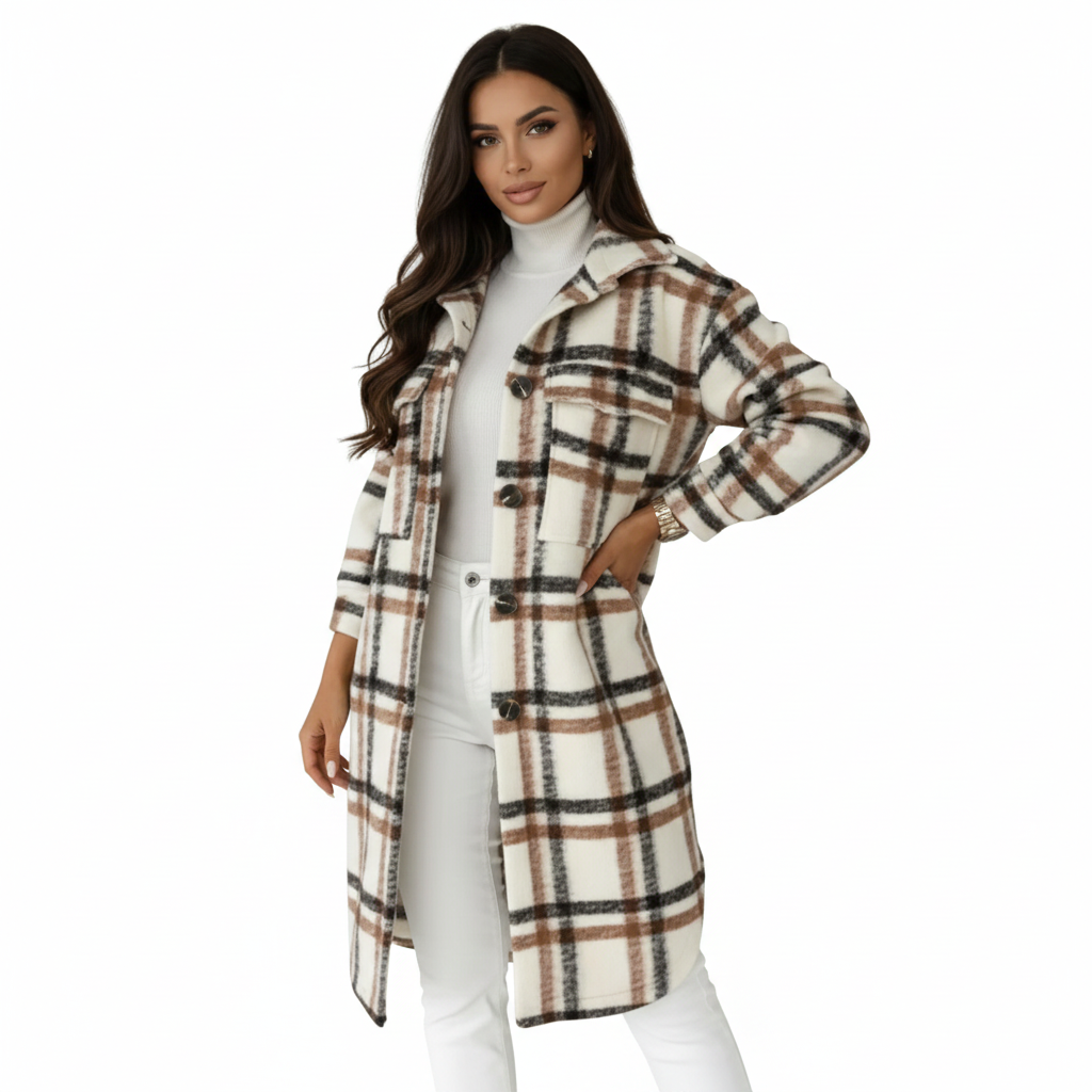 Manteau Femme Hiver Carreaux - Veste Longue Élégante en Laine Douce Oversize