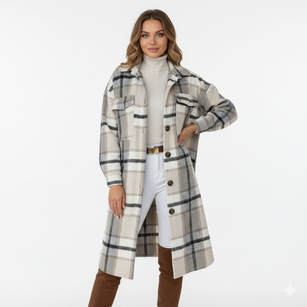 Manteau Femme Hiver Carreaux - Veste Longue Élégante en Laine Douce Oversize