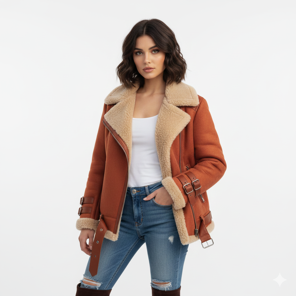 Veste Moto Féminine – Manteau Hiver Douillet en Laine Mélange