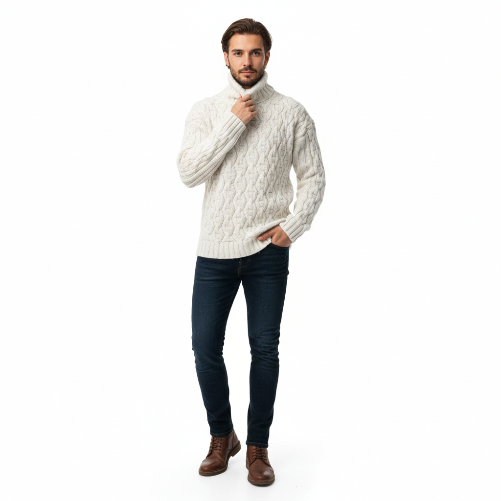 Pull Homme Laine Élégant Col Montant Chaud Hiver