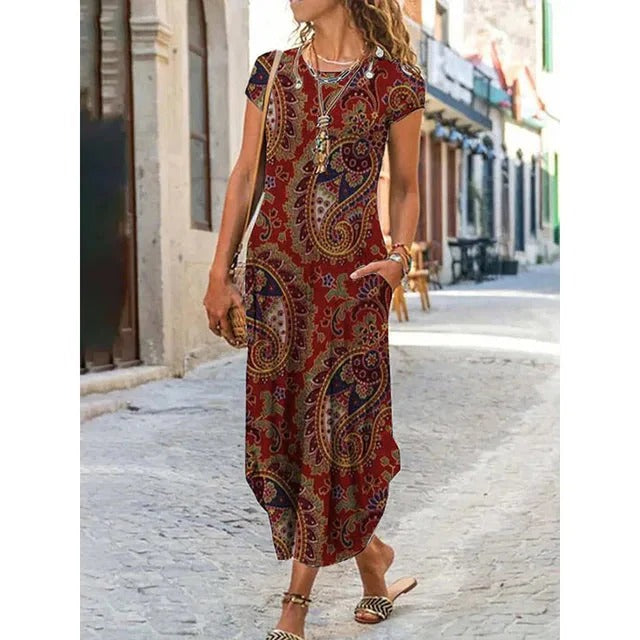 Robe Longue Noire Élégante à Imprimés Éthniques pour Femme
