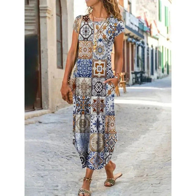 Robe Longue Noire Élégante à Imprimés Éthniques pour Femme
