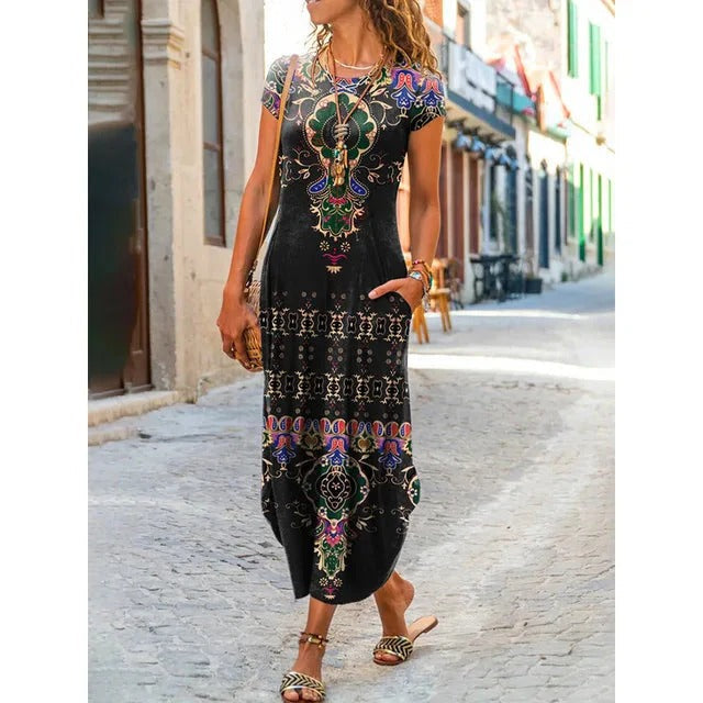 Robe Longue Noire Élégante à Imprimés Éthniques pour Femme - LuxeStyle