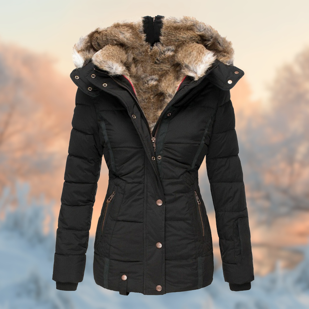 Veste Hiver Élégante Capuche Fourrure Synthétique Beige