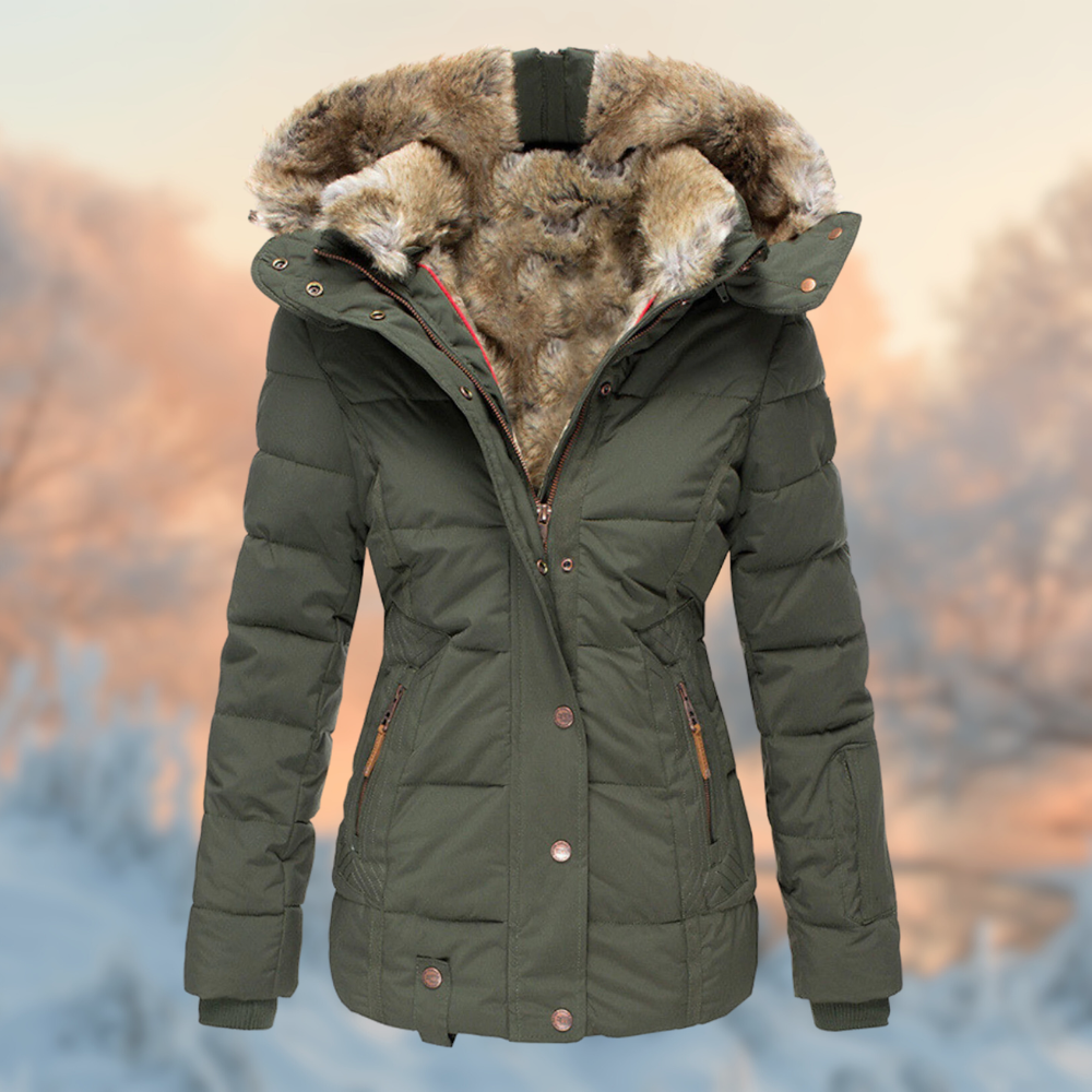 Veste Hiver Élégante Capuche Fourrure Synthétique Beige