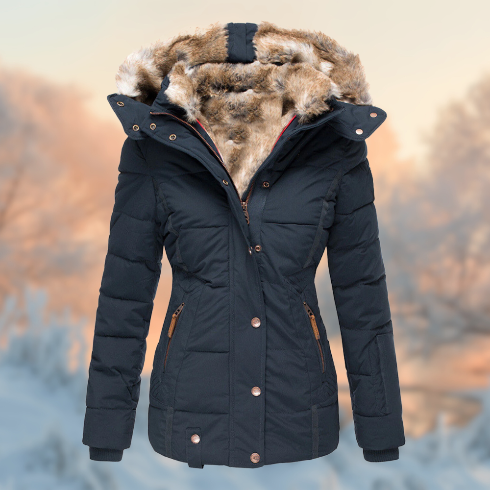 Veste Hiver Élégante Capuche Fourrure Synthétique Beige