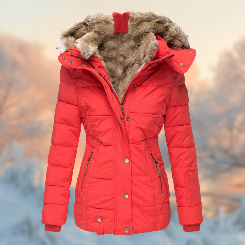 Veste Hiver Élégante Capuche Fourrure Synthétique Beige