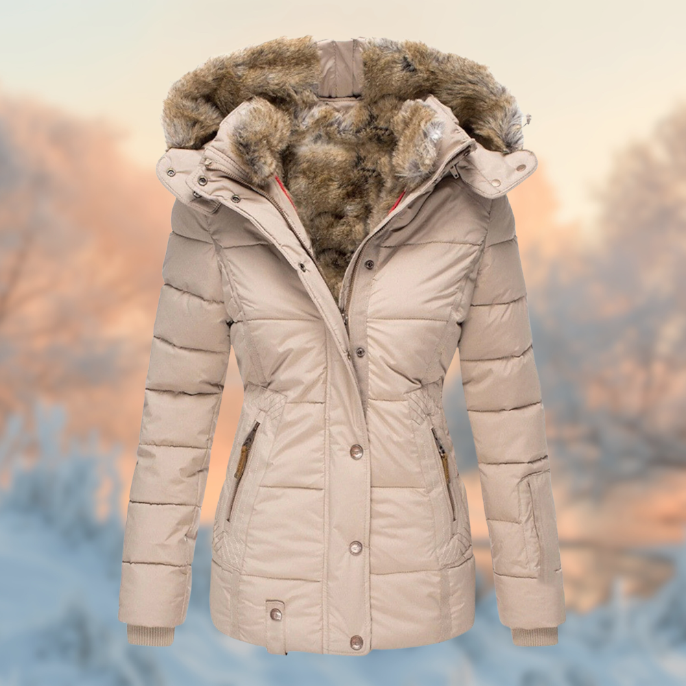 Veste Hiver Élégante Capuche Fourrure Synthétique Beige - LuxeStyle