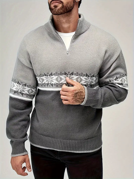 Pull Homme Gris Jacquard Zippé Élégant - LuxeStyle