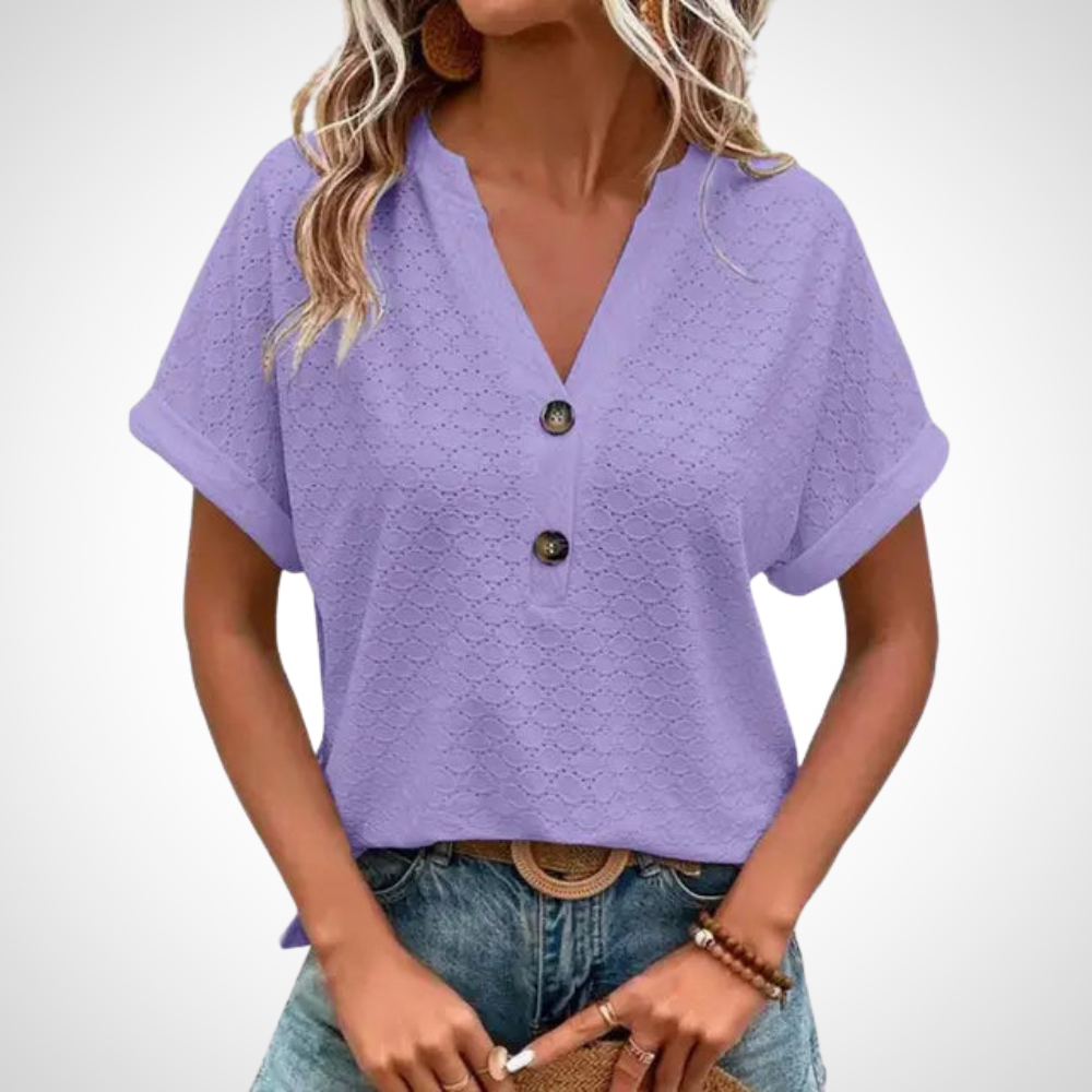 Blouse femme élégante manches courtes boutons noirs