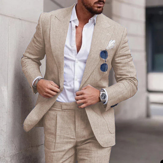 Costume Homme Élégant Lin Beige avec Chemise Blanche Classique - LuxeStyle