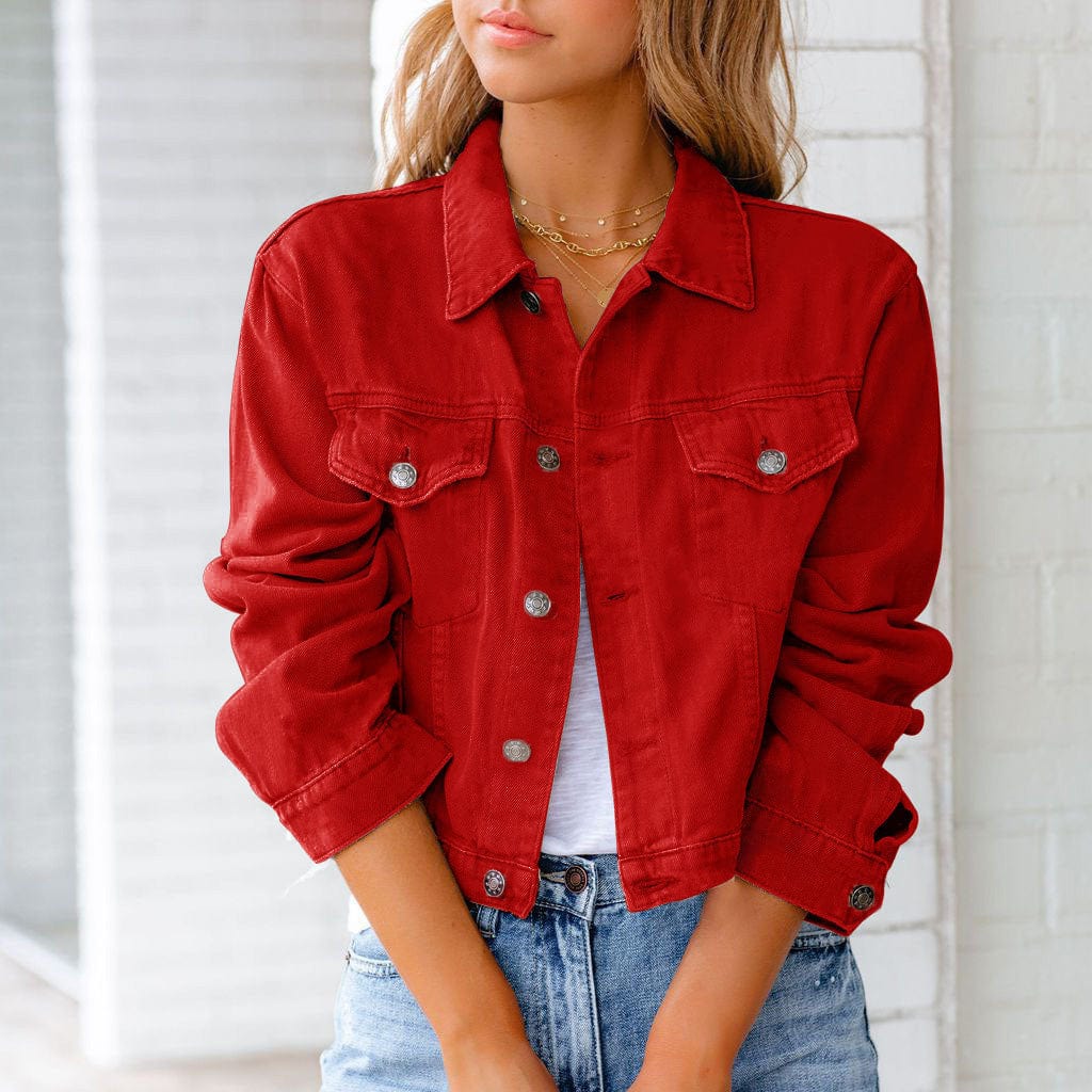 Veste Jean Rouge Féminine Boutons Brillants - LuxeStyle